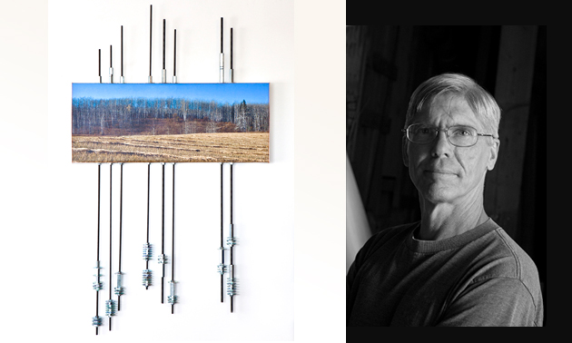 a photo of a prairie landscape with metal rods coming out the top and bottom, and a photo of a man with glasses