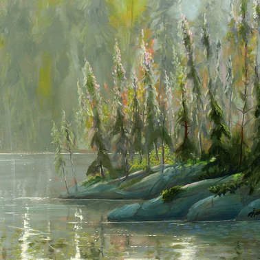 Painting of trees and water done in soft greens and grays