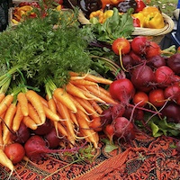 A colourful display of vegetables, carrots, beets, green, red and yellow peppers on a table. 