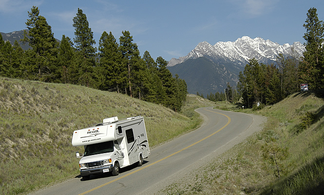 RV on the road in a mountainous area