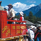 people at Fort Steele, BC getting a wagon ride.