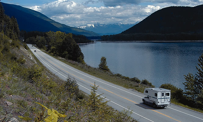 RV on the road near Kootenay Lake