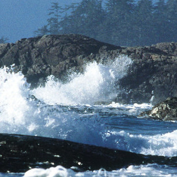 The waves pound along the rugged shoreline on the west coast of Vancouver Island, near Tofino.