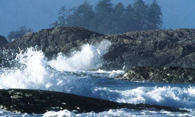 The waves pound along the rugged shoreline on the west coast of Vancouver Island, near Tofino.