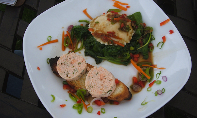 salmon pâté on a plate with stuffed pasta