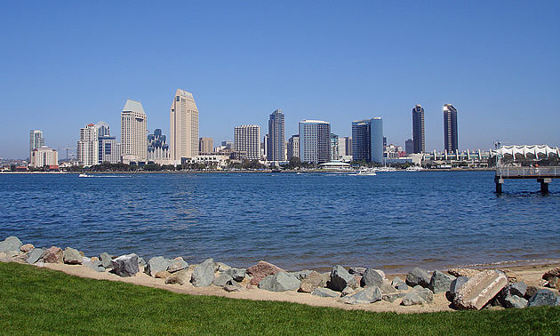 Skyscrapers and water in foreground