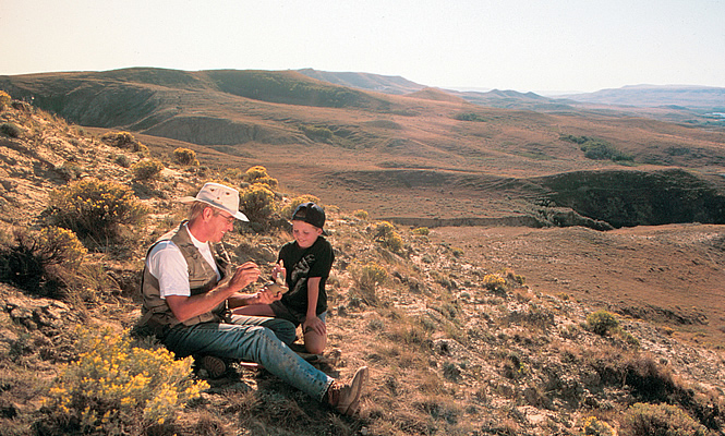 two people sitting at a dig site looking at fossils