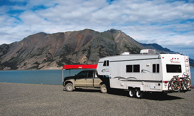 RVer parking at the side of a lake